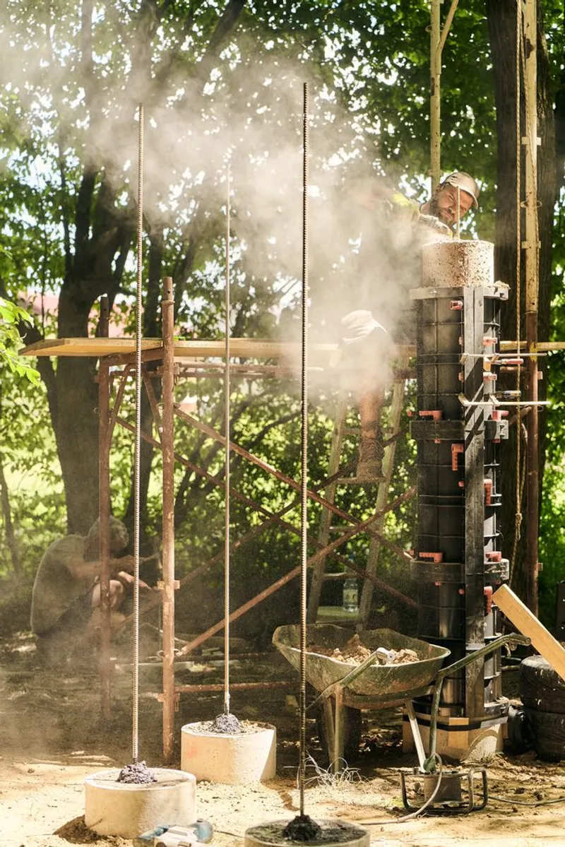 Worker compacting earth inside vertical formwork columns with dust rising in the morning sunlight