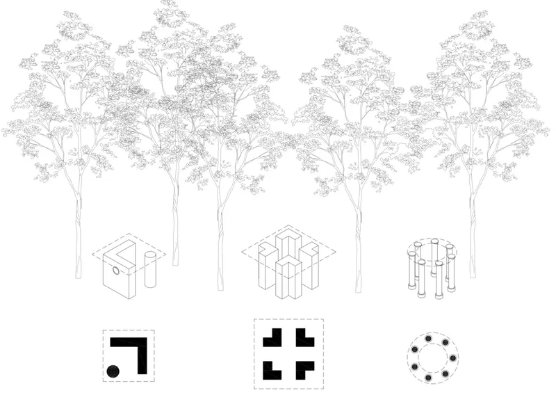 Line drawing showing three structural configurations evolving from corner posts to circular column arrangement with tree canopies