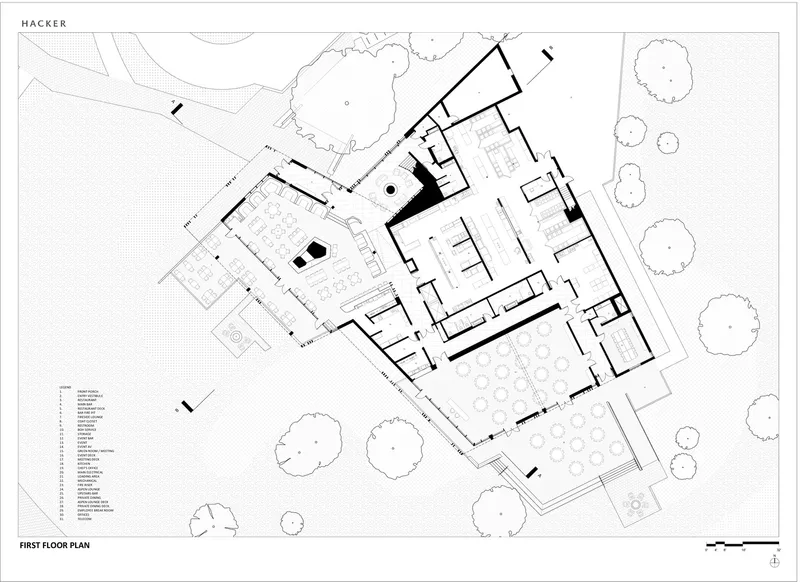 First floor plan drawing showing rooms arranged around a central stone core