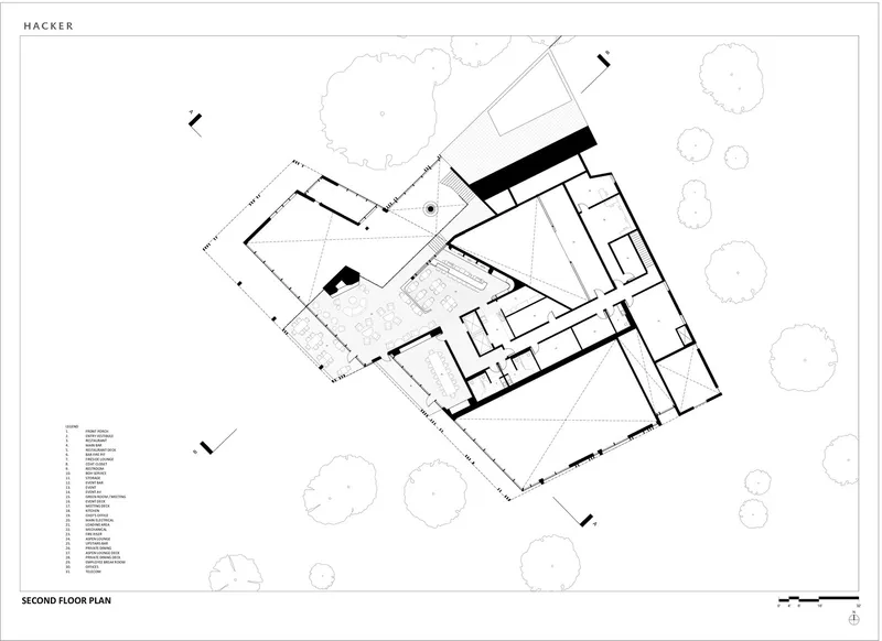 Second floor plan drawing showing mezzanine spaces and upper level rooms