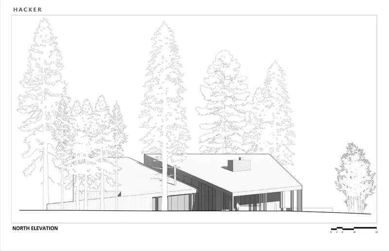 North elevation drawing depicting low-slung volumes with vertical cladding nestled within a dense forest