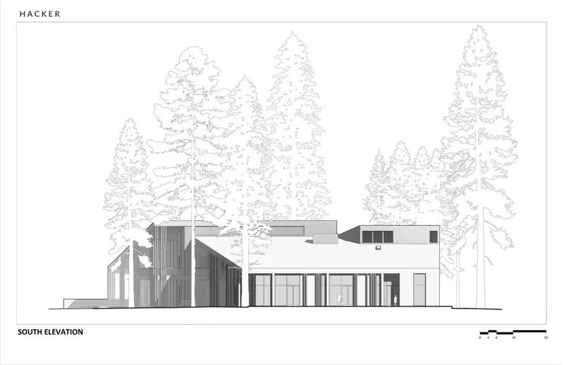 South elevation drawing showing glass-walled volumes and vertical timber siding amid towering evergreens