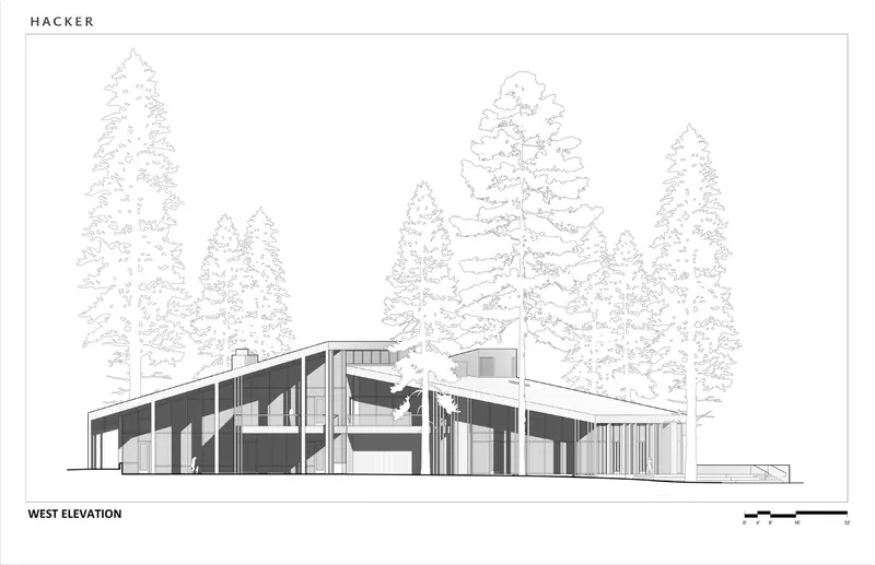 West elevation drawing featuring angled roof planes and expansive glazing framed by mature conifers
