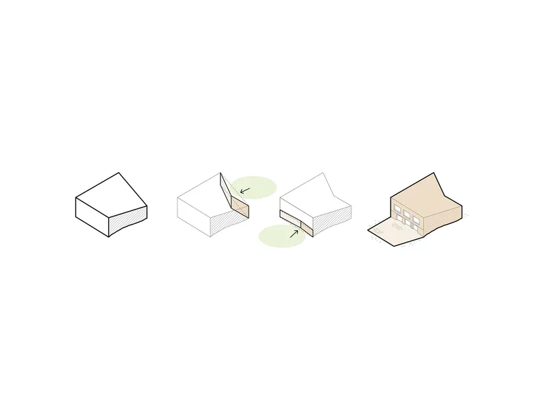 Axonometric diagram sequence illustrating the progressive insertion of interior spaces into a sloped roof form