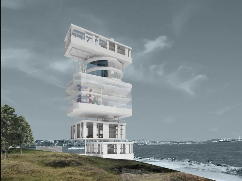 Stacked white tower with staggered floorplates along a grassy waterfront under cloudy skies
