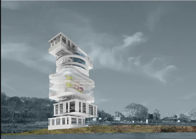 White vertical tower with alternating solid and transparent levels framed by bare winter trees