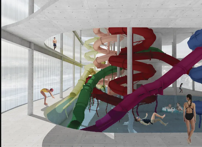Interior aquatic space with multicolored spiral water slides descending around a central column
