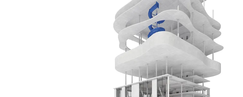 Axonometric view showing the layered concrete slabs and helical blue slide emerging from upper floors