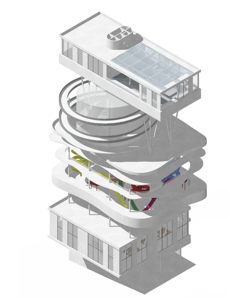 Exploded axonometric drawing revealing the internal arrangement of curved floors and water slide routes