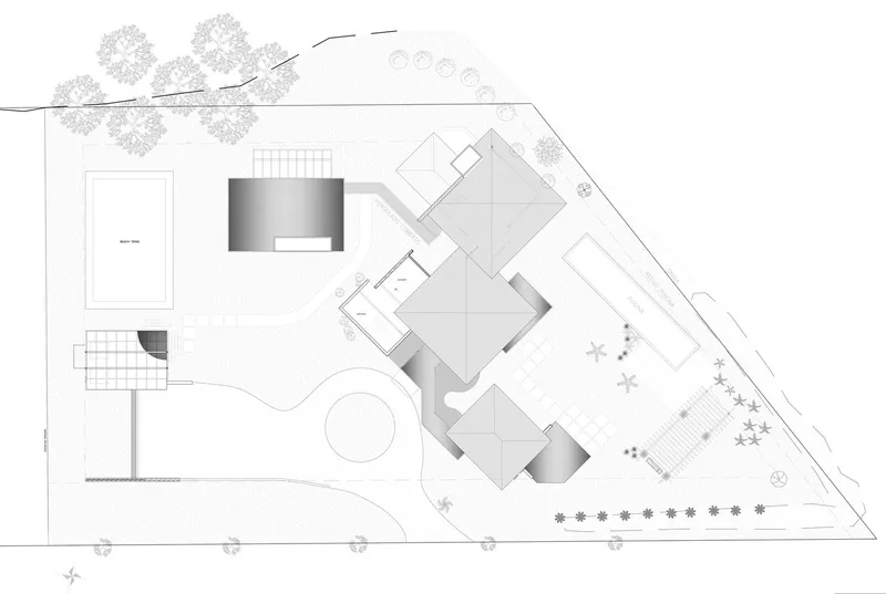 Site plan drawing showing building footprints, pool, and surrounding landscape with trees