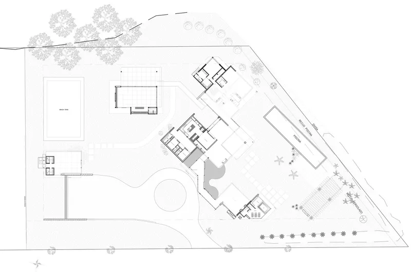 Floor plan drawing revealing interior room layouts and outdoor pool on a sloped site