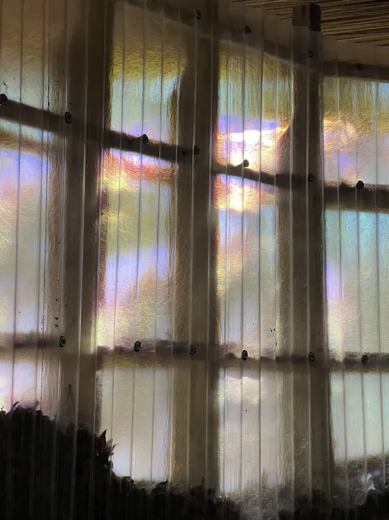 Translucent corrugated polycarbonate wall panels casting rainbow light patterns on the interior surface