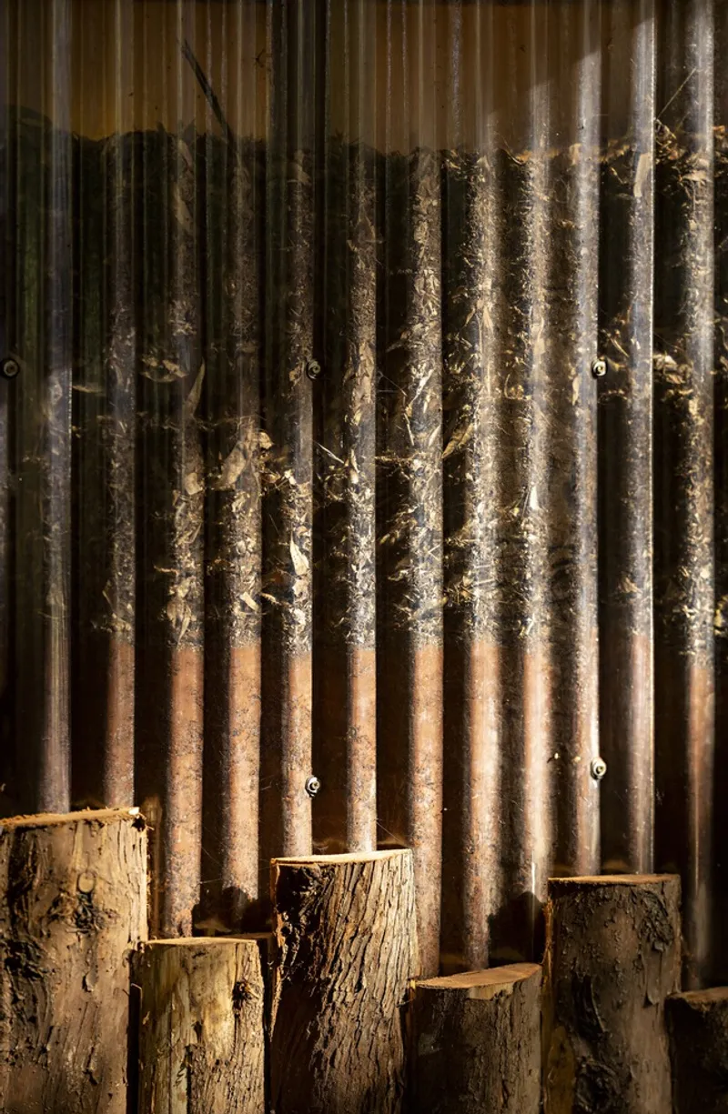 Vertical tree trunks used as seating arranged against a corrugated metal wall with moss growth