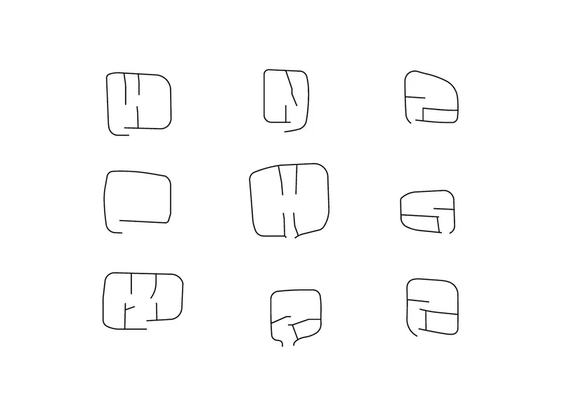 Sketch diagrams showing nine variations of rounded rectangular floor plan configurations with internal divisions