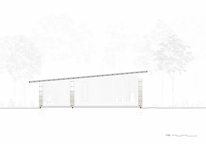 Elevation drawing showing a low rectangular volume with slanted roof and vertical cladding flanked by trees