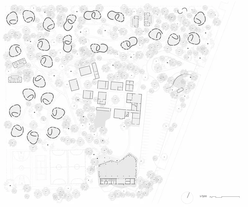 Site plan drawing depicting clustered pavilions among circular tree canopies with one curving structure below