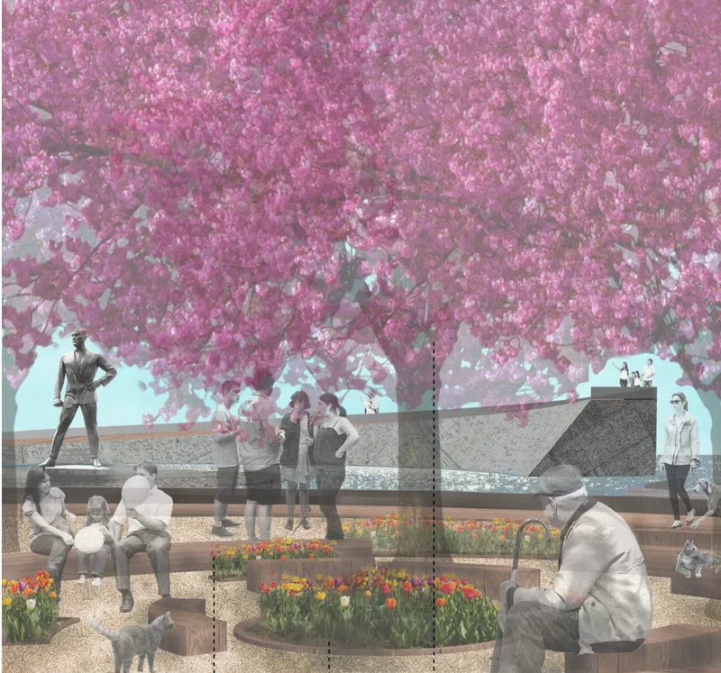 Rendered plaza with circular planted bed and bronze statue beneath pink flowering trees