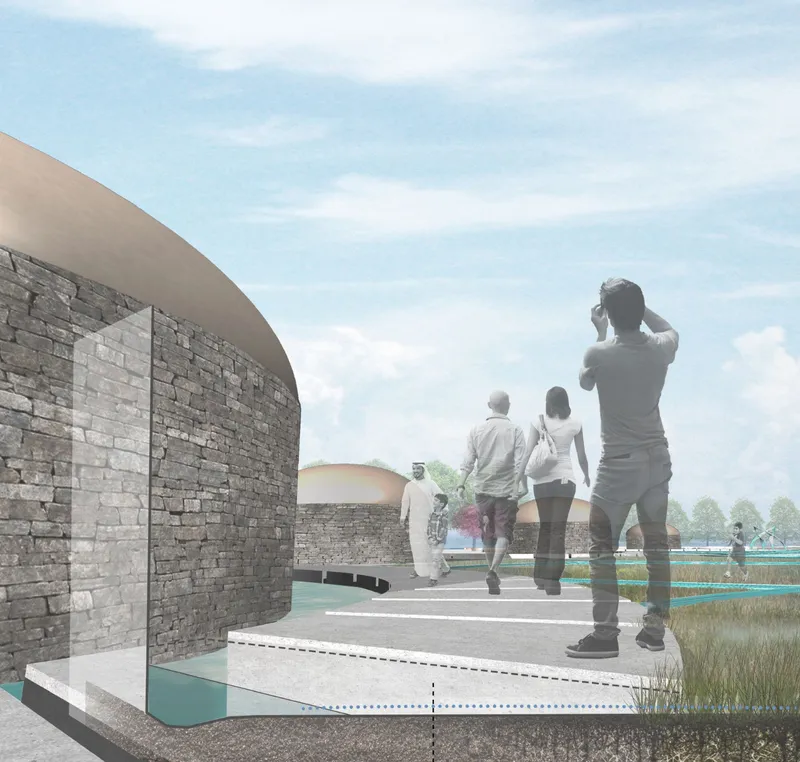 Curved stone wall alongside a stepped concrete terrace with visitors and planted grasses