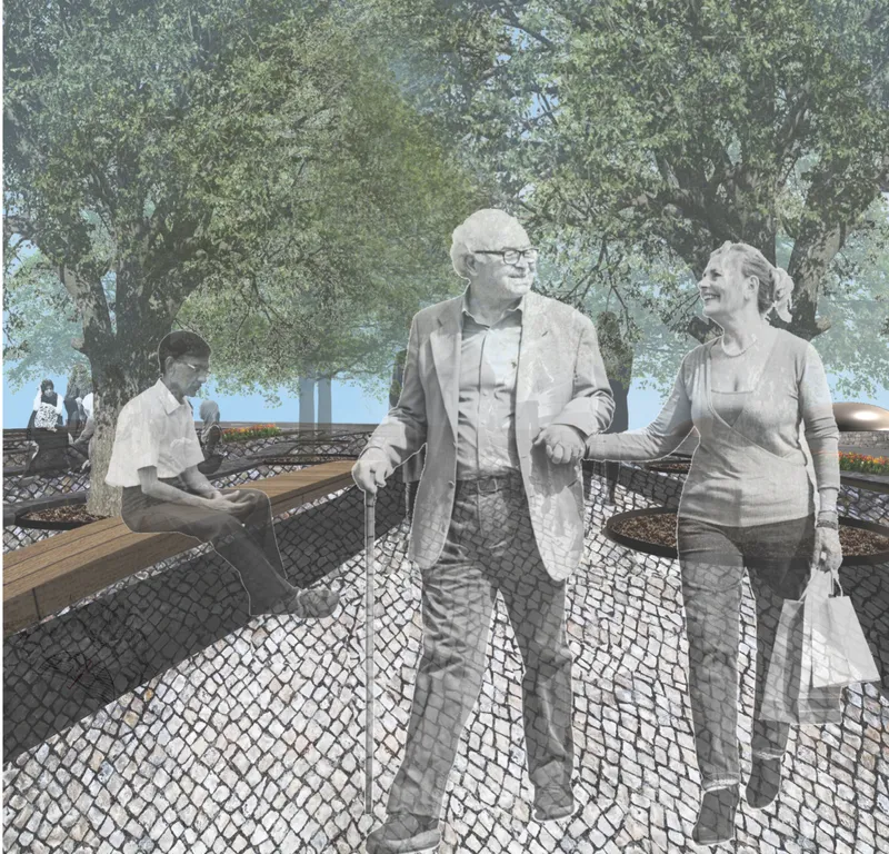 Rendered plaza with diamond-patterned paving and timber benches beneath established trees
