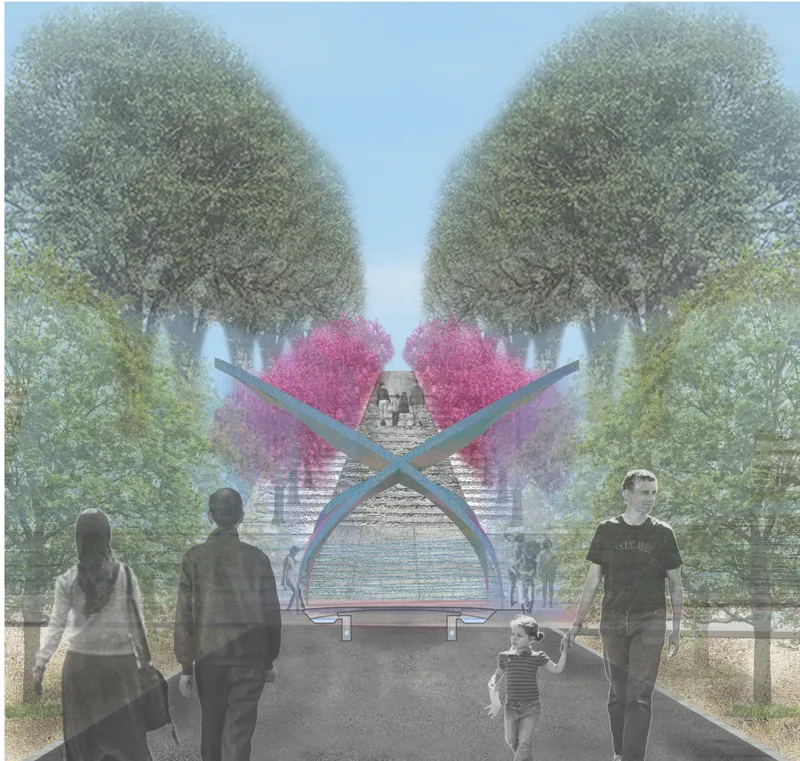 Rendering of a curved archway framing a tree-lined pathway with visitors and pink flowering plants