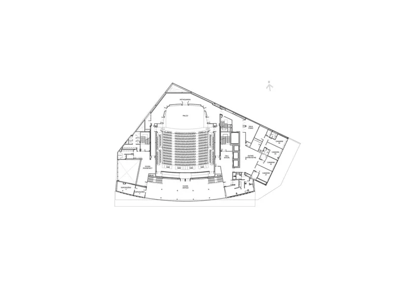 Upper level plan drawing showing the curved auditorium seating bowl surrounded by perimeter support spaces