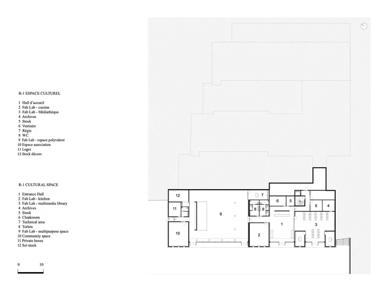 Floor plan drawing of a cultural space with numbered rooms radiating from a central hall