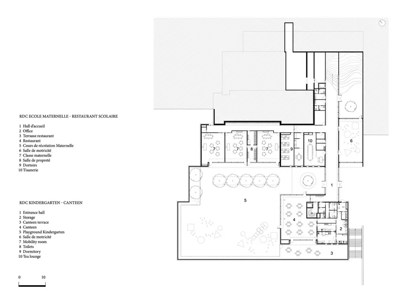 Floor plan drawing showing kindergarten canteen and preschool wings wrapping around a large courtyard playground