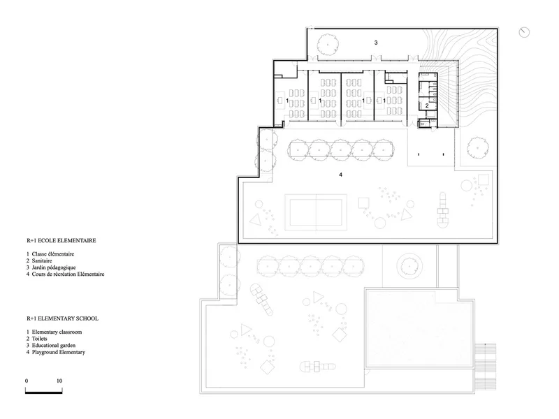 Floor plan drawing showing elementary classrooms and outdoor pedagogical courtyard with circulation stair