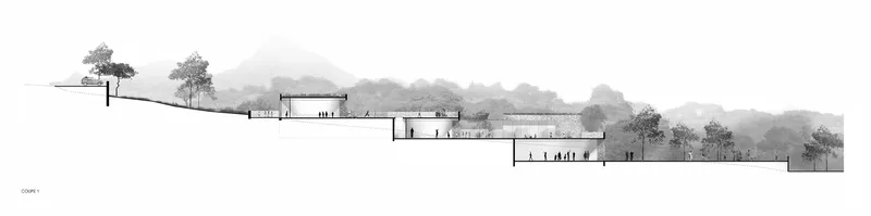Section drawing showing stepped volumes descending the sloping site with mountain silhouette in the background