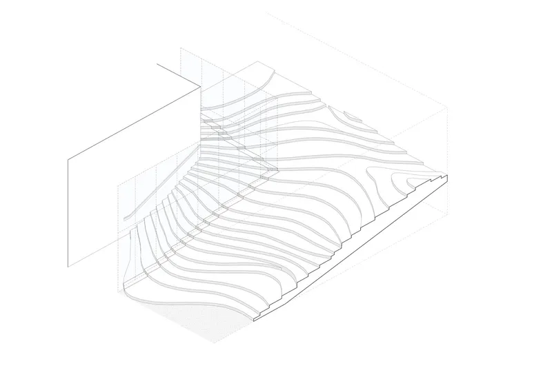 Axonometric drawing showing undulating roof structure with layered ribs over an enclosed volume