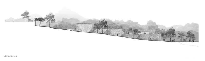 Elevation drawing showing low horizontal masses integrated into a hillside landscape with scattered trees