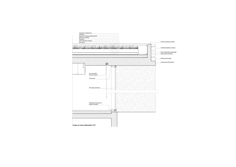 Construction detail section showing green roof assembly with planted substrate above waterproofing membrane