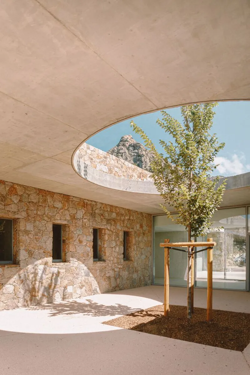 Circular courtyard opening with plywood ceiling, stone walls, planted tree and exposed rock outcrop