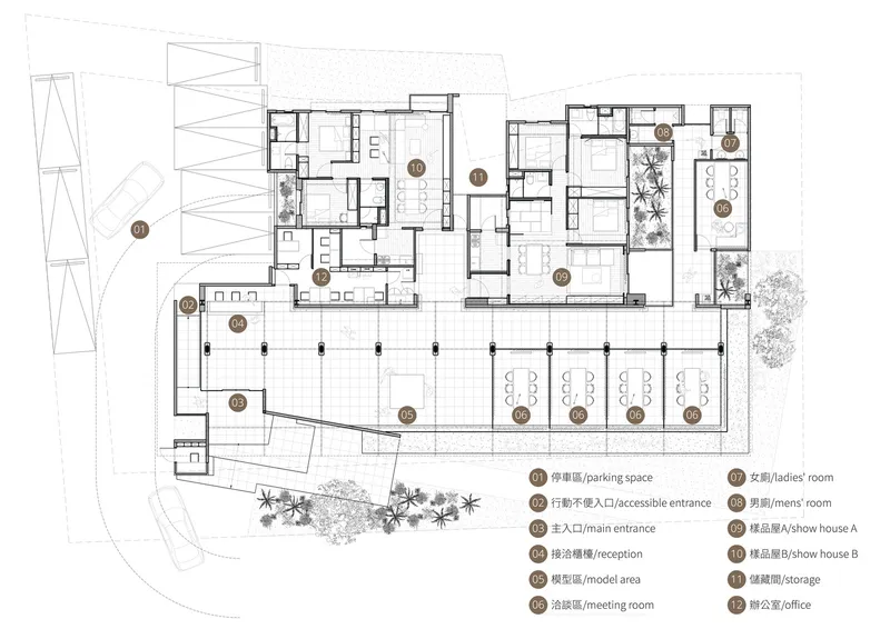 Floor plan drawing showing meeting rooms, offices, and parking areas with landscape elements