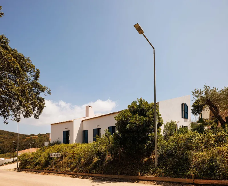 Street view showing white volumes with clay tile roof nestled among olive trees on sloping terrain