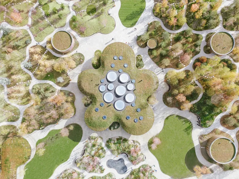 Aerial view of circular skylights clustered on a cloverleaf roof surrounded by planted beds in autumn