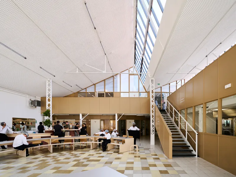 Double-height interior workspace with timber-clad mezzanine, white steel staircase, and ribbed acoustic ceiling panels