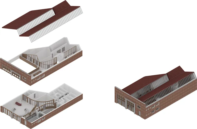 Axonometric drawing showing brick building volumes with sawtooth roof forms and interior layouts