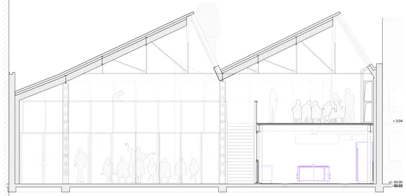 Section drawing showing sawtooth roof trusses over double-height space with mezzanine and human figures