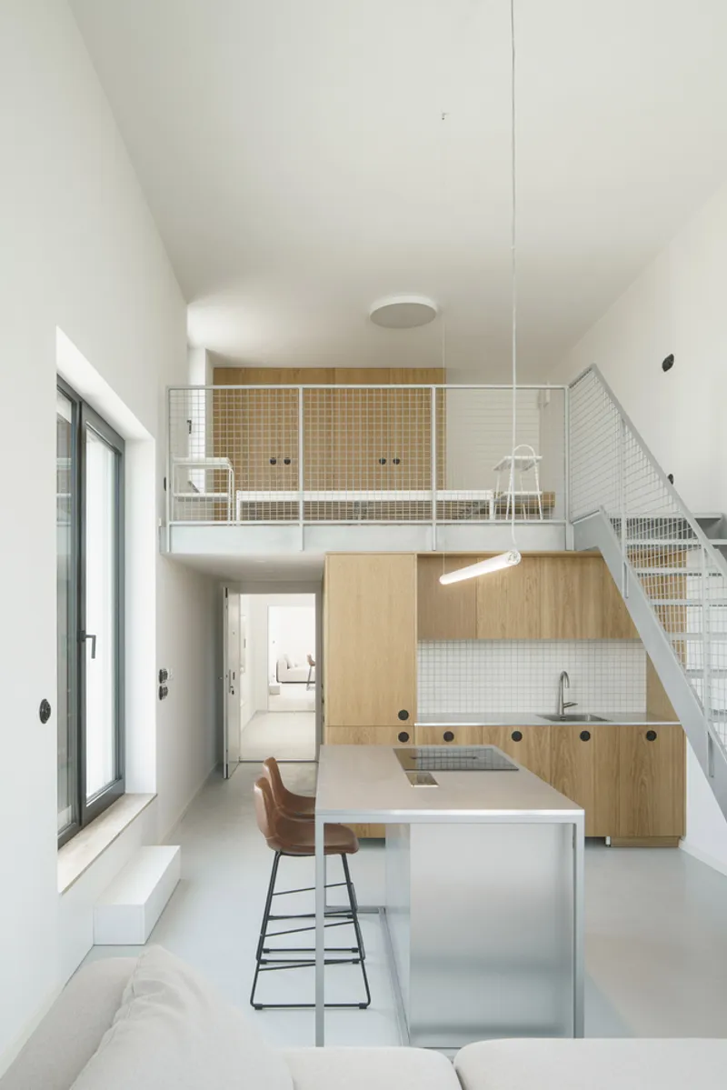Double-height living space with wire mesh mezzanine railing and plywood kitchen cabinetry below