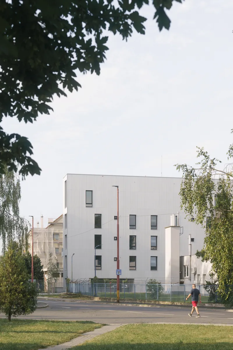 Four-storey ribbed metal volume set among trees with a pedestrian crossing in the foreground