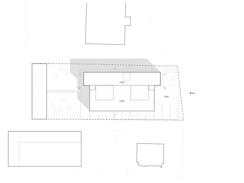 Site plan drawing showing the building footprint in relation to adjacent property boundaries
