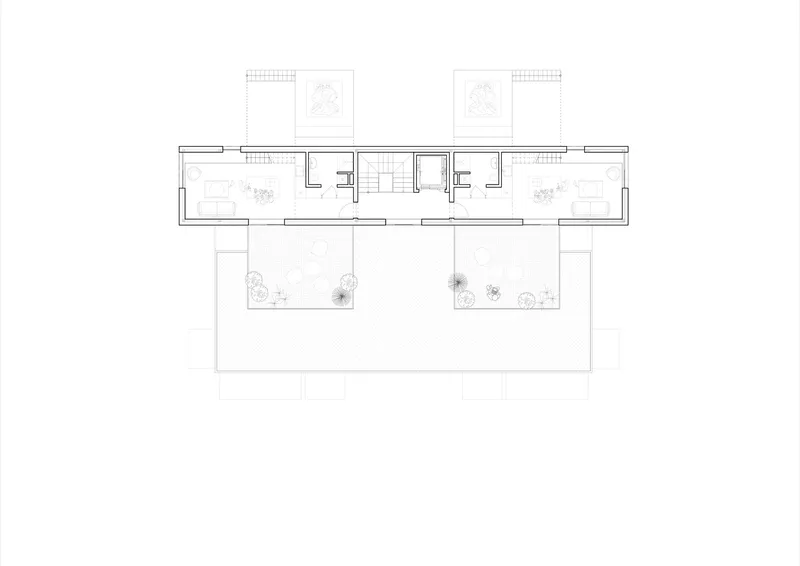 Floor plan drawing showing symmetrical units flanking a central core with courtyard below
