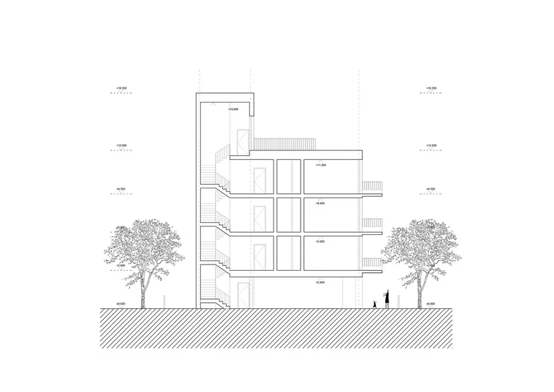 Section drawing revealing four-story stacked units with exterior stairs between trees and figures