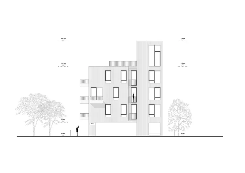 Elevation drawing of the multi-story facade with varied fenestration and balconies beside trees