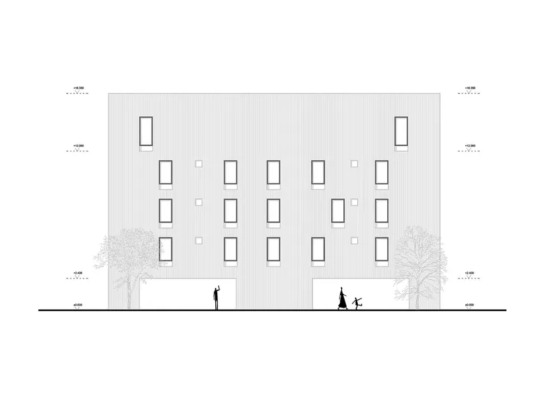 Elevation drawing showing the rear facade with rhythmic window pattern and two entry voids