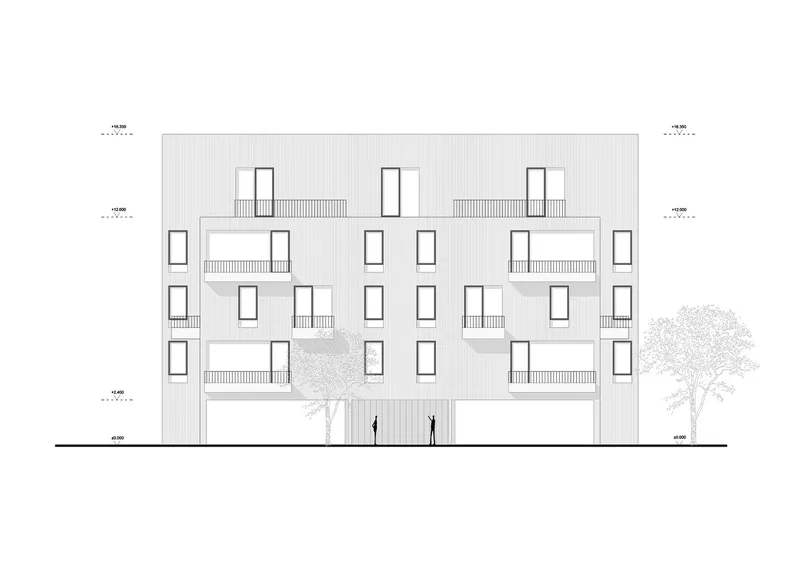 Elevation drawing of a four-storey residential building with recessed balconies and flanking trees