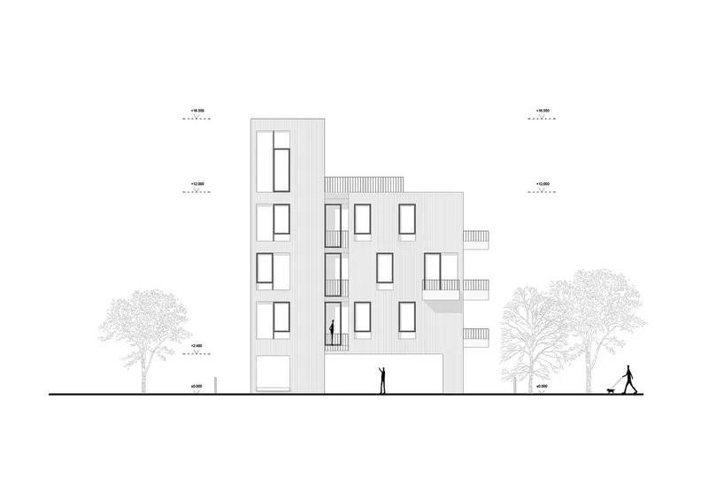 Elevation drawing showing a stepped residential volume with vertical windows and figures at ground level