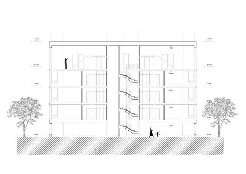 Section drawing showing interior circulation with zigzag stairs connecting levels flanked by trees