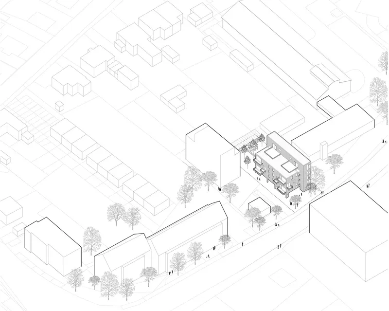 Axonometric drawing showing the housing block within its street context with pedestrians and trees